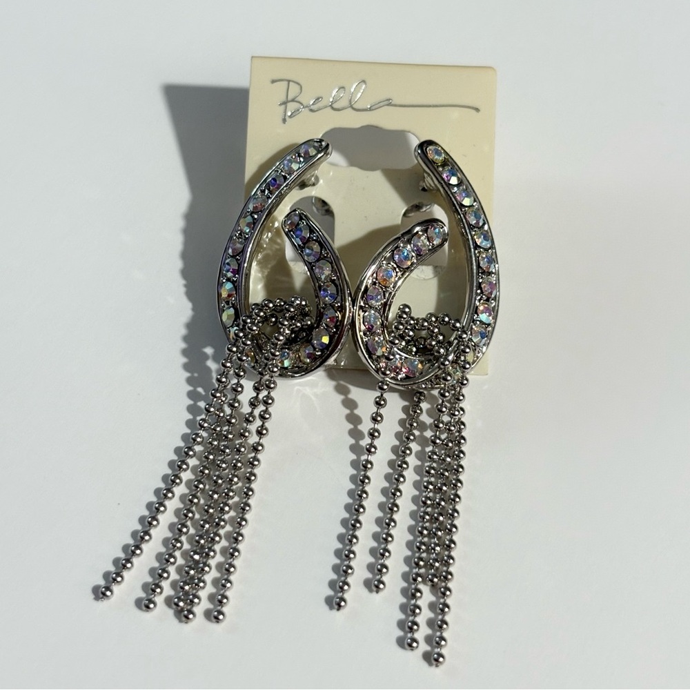 Iridescent Rhinestone Dangle Tassel Silver Tone Earrings New